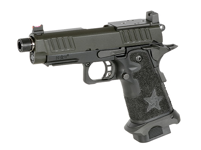 Airsoft-Pistole, taktisches Design, schwarze Texturgriffschalen, Sternemblem, geöffnete Visierung, montierbarer Lauf.