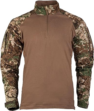 Taktisches Shirt mit Tarnärmeln und braunem Körper, ideal für Airsoft-Spiele.