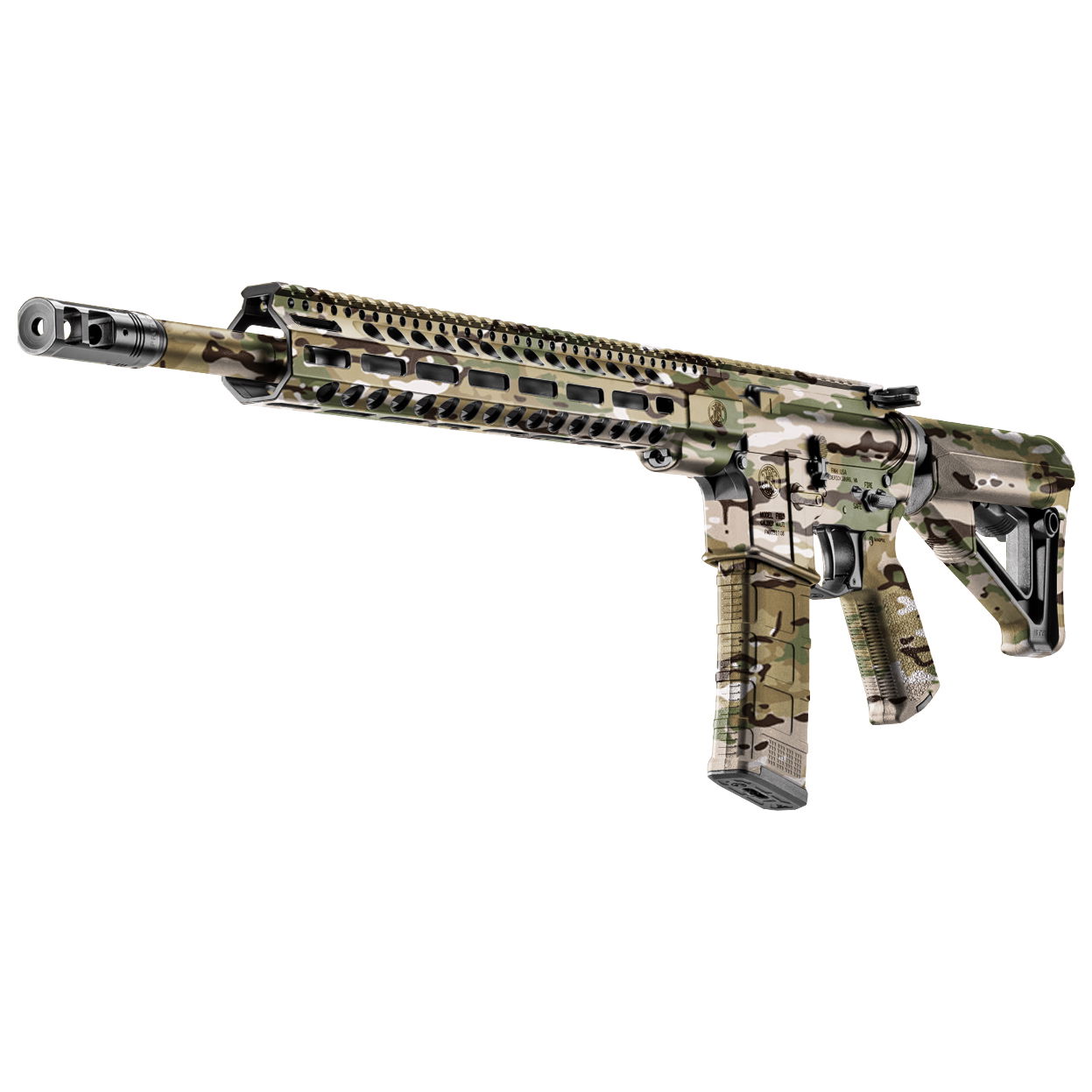 Camouflage Airsoft-Gewehr mit taktischem Schaft und montierter Picatinny-Schiene.