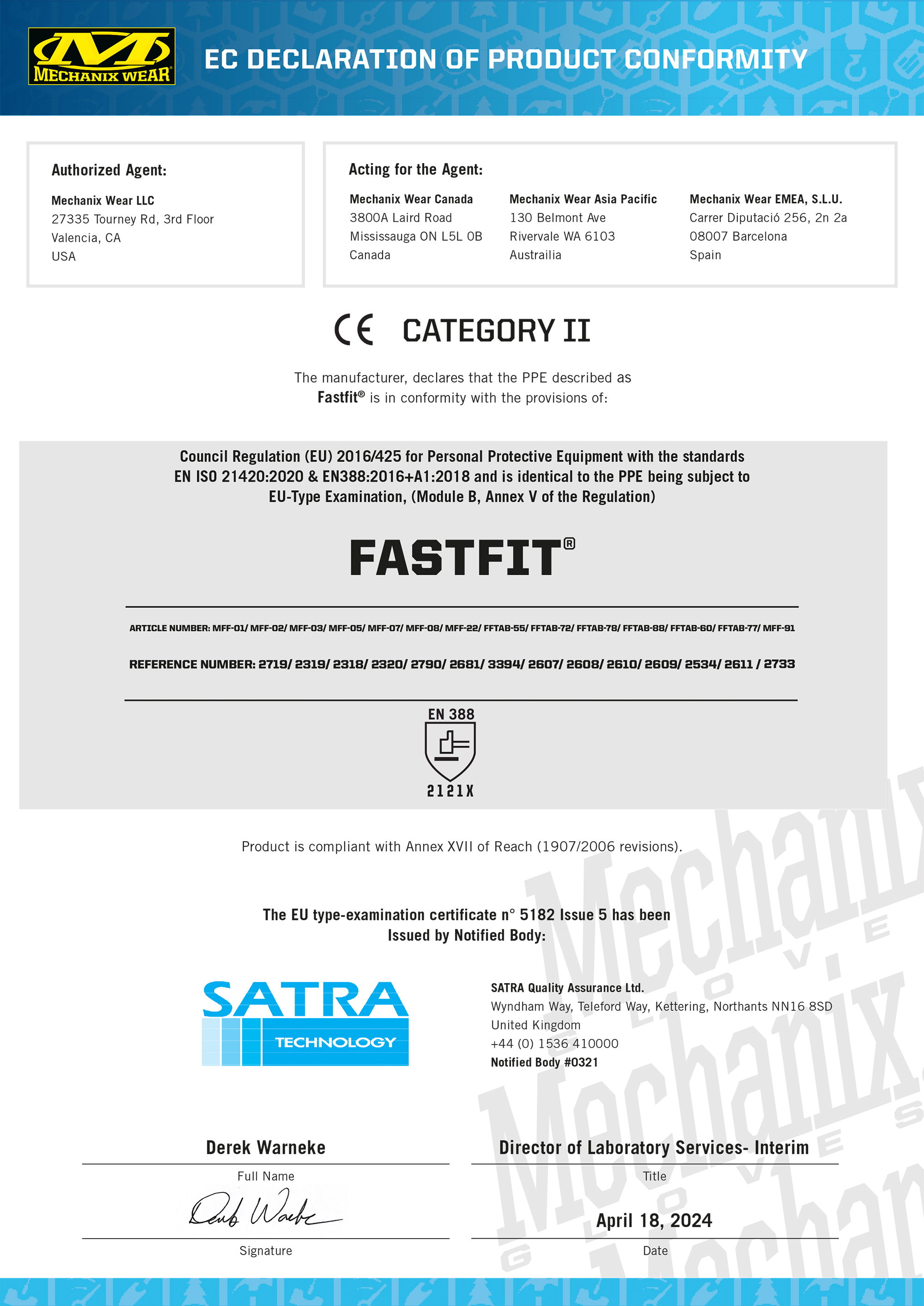 EC-Konformitätserklärung für Mechanix FastFit Schutzausrüstung, Kategorie II, gemäß EU-Regularien und EN 388 Zertifikat.