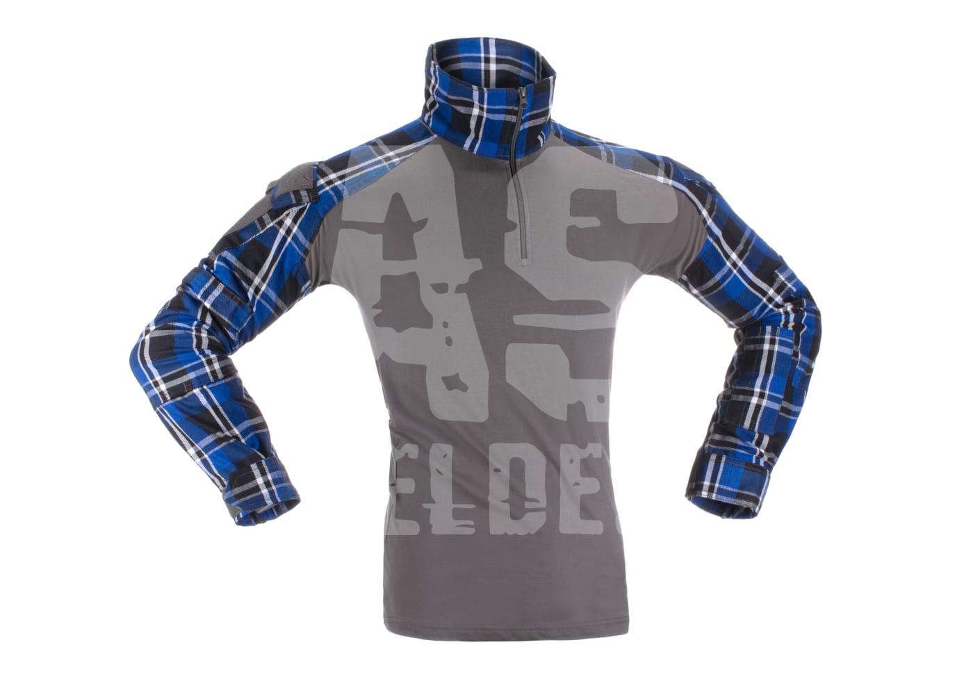 Flannel Combat Shirt Taktisches Langarmshirt, graue Front, blaue Karomuster-Ärmel, ideal für Airsoft-Aktivitäten.