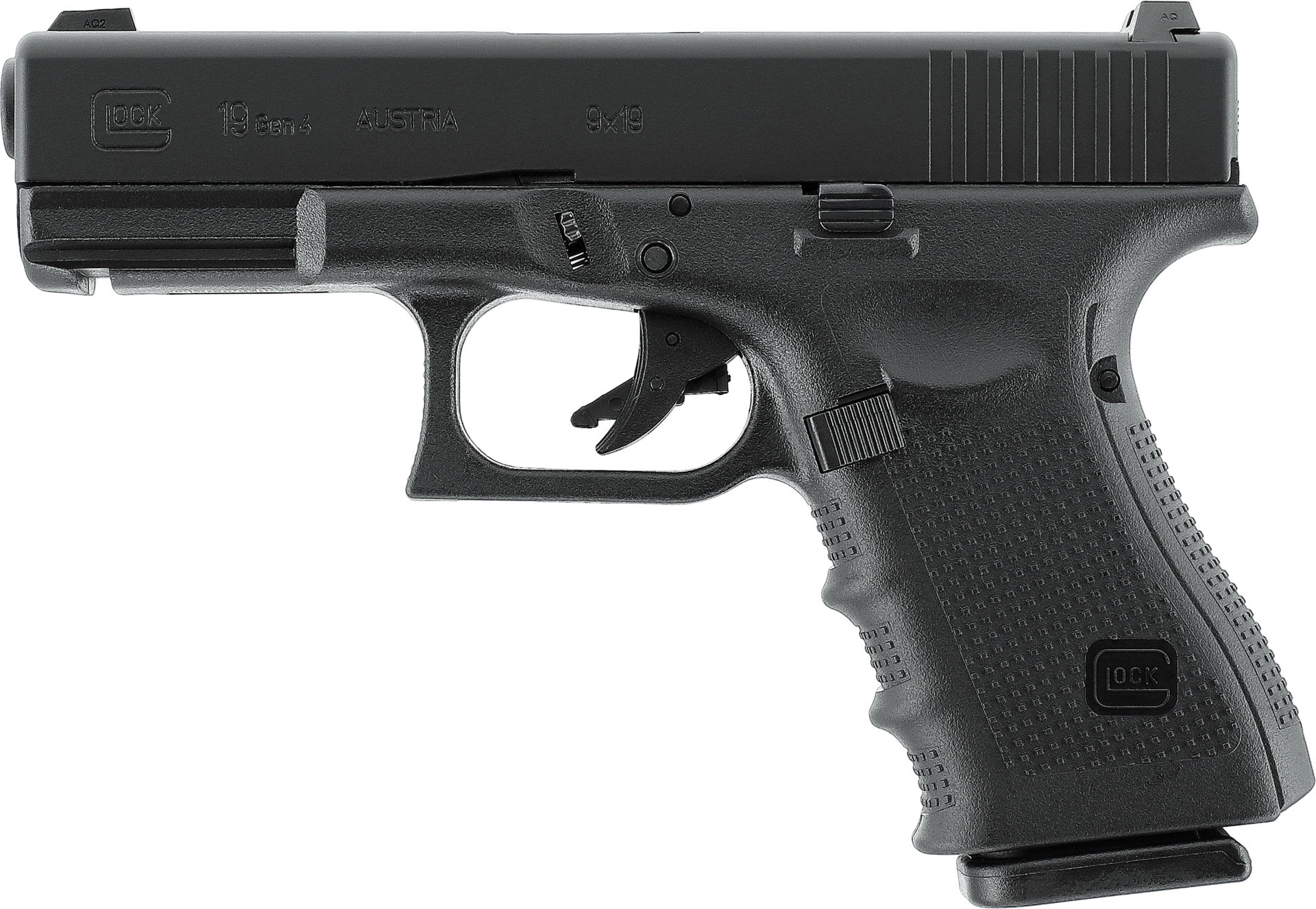 Schwarze Airsoft-Pistole, Modell Glock 19 mit strukturiertem Griff und taktischem Schlitten.