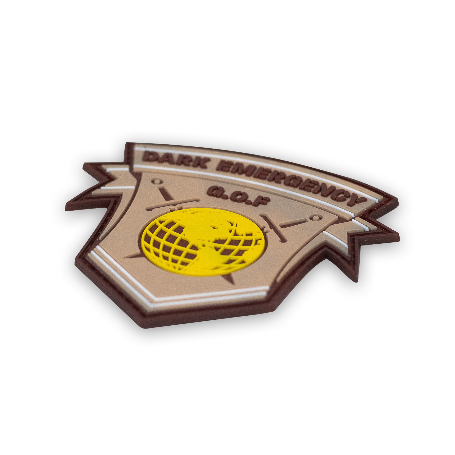 3D-Patch "Dark Emergency G.O.F" mit gelbem Globus und Schwertmotiv auf beigem Hintergrund.