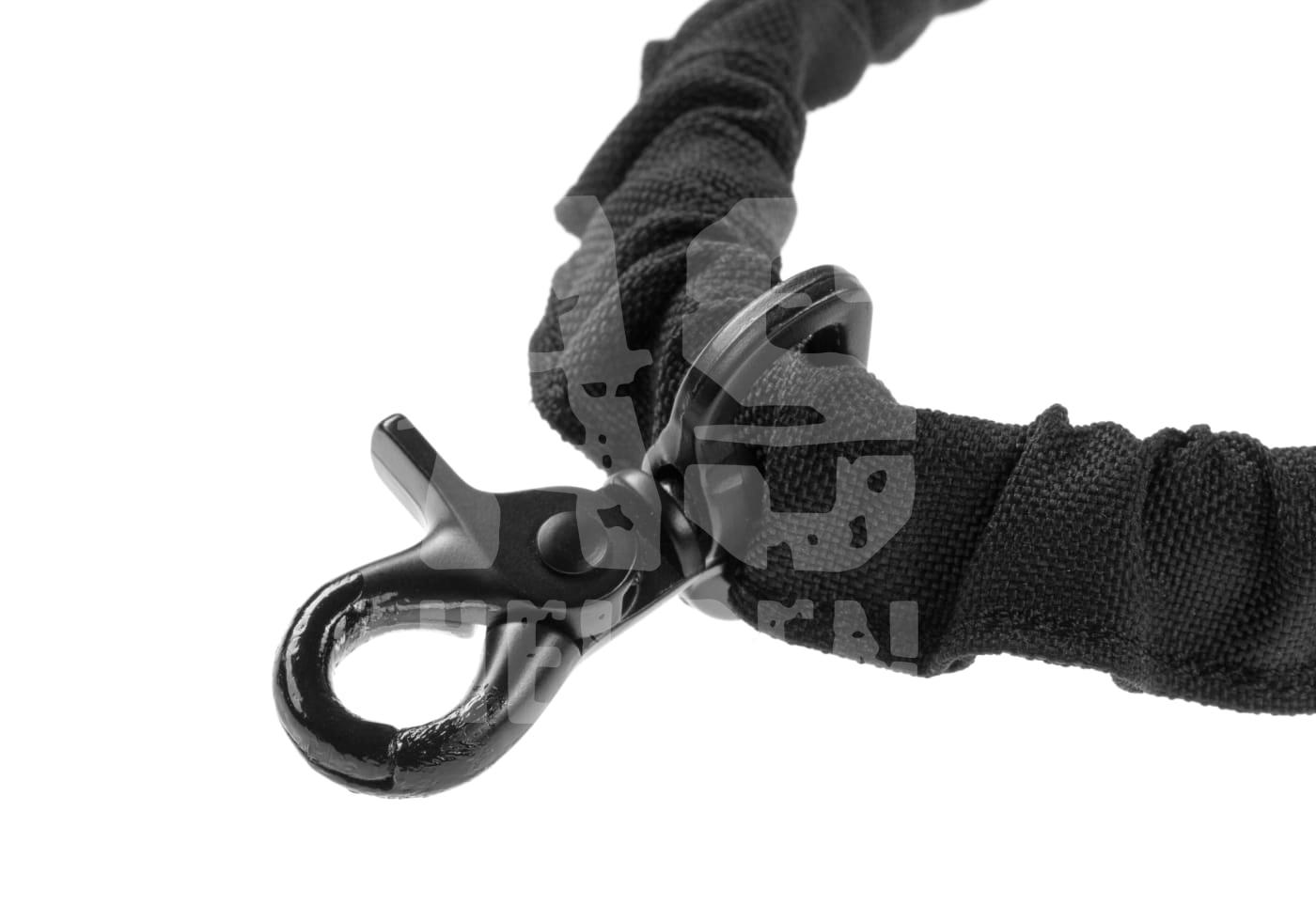 Schwarze Airsoft-Schlinge mit Drehhaken aus Metall, Nahaufnahme.