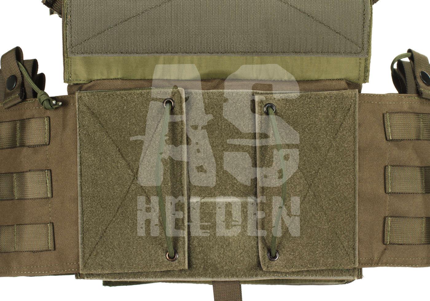 Taktische Molle-Weste in Olivgrün mit Klettflächen und Kordelsystem, ideal für Airsoft-Zubehör.