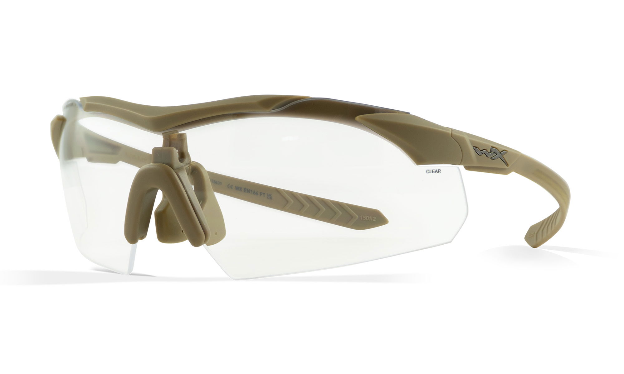 Schutzbrille mit transparenten Gläsern und beigem Rahmen, seitlich fotografiert.