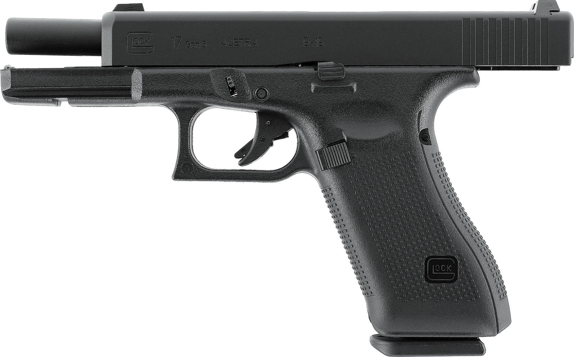 Schwarze Airsoft-Pistole, Modell inspiriert von Glock, mit strukturiertem Griff und sichtbarem Abzug.