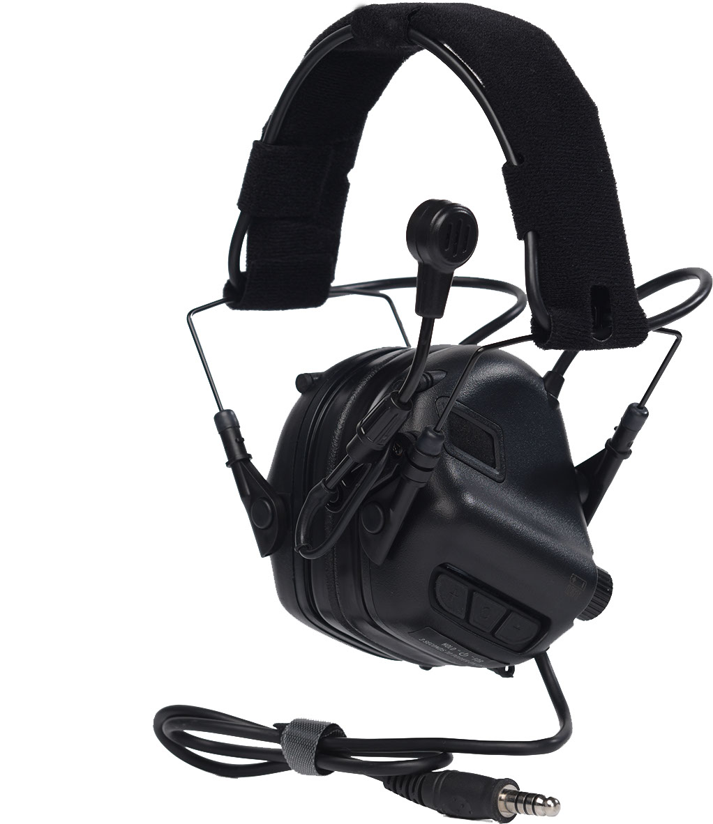 Taktisches Headset für Airsoft mit Mikrofon und 3,5-mm-Klinkenstecker, schwarzes Design, verstellbares Kopfband.
