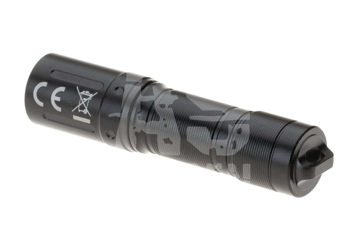 Schwarze taktische Taschenlampe für Airsoft mit CE-Kennzeichnung, zylindrisches Design.