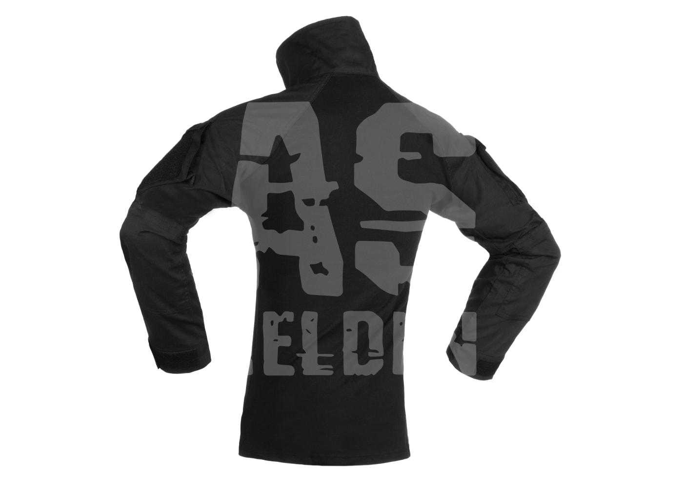 Invader Gear Combat Shirt Schwarzes Airsoft-Combat-Shirt von hinten, mit hohem Kragen und verstärkten Ärmeln.