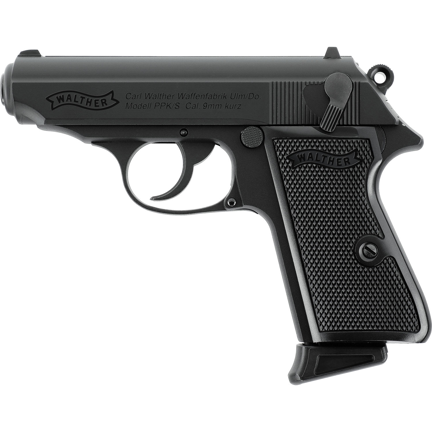VFC Walther PPK/S GBB schwarz Schwarze Walther PPK/S Airsoft-Pistole, 9mm Design, linke Seitenansicht.