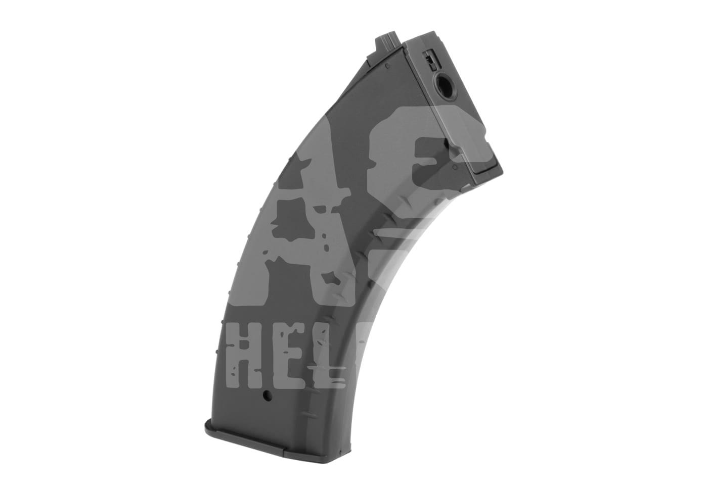 Airsoft Magazin in gebogener Form, schwarz, vermutlich für ein AK-Modell, mit Herstellerlogo überlagert.