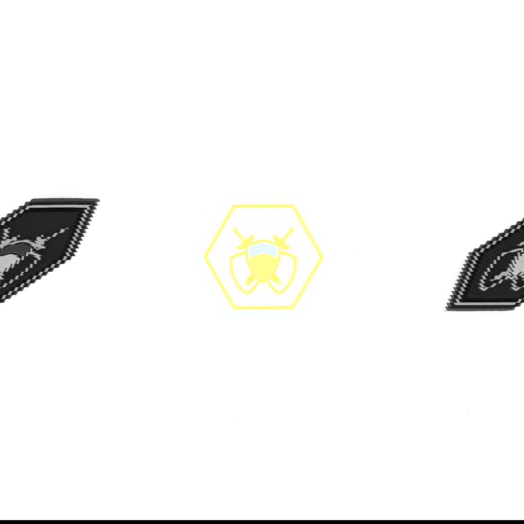 Sechseckiger Patch mit zwei gekreuzten Schwertern und Schild auf schwarzem Hintergrund.