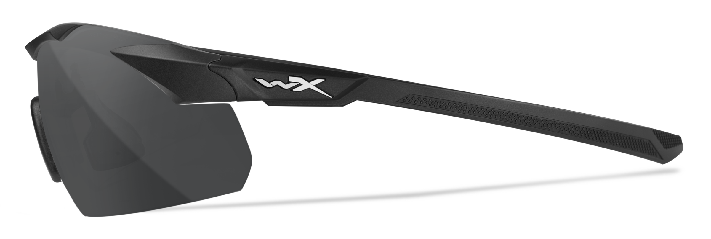 WX Vapor 2.5 Comm Grey / Clear / Light Rust Schwarze taktische Schutzbrille mit getönten Gläsern, seitlicher Ansicht, markantes Design.