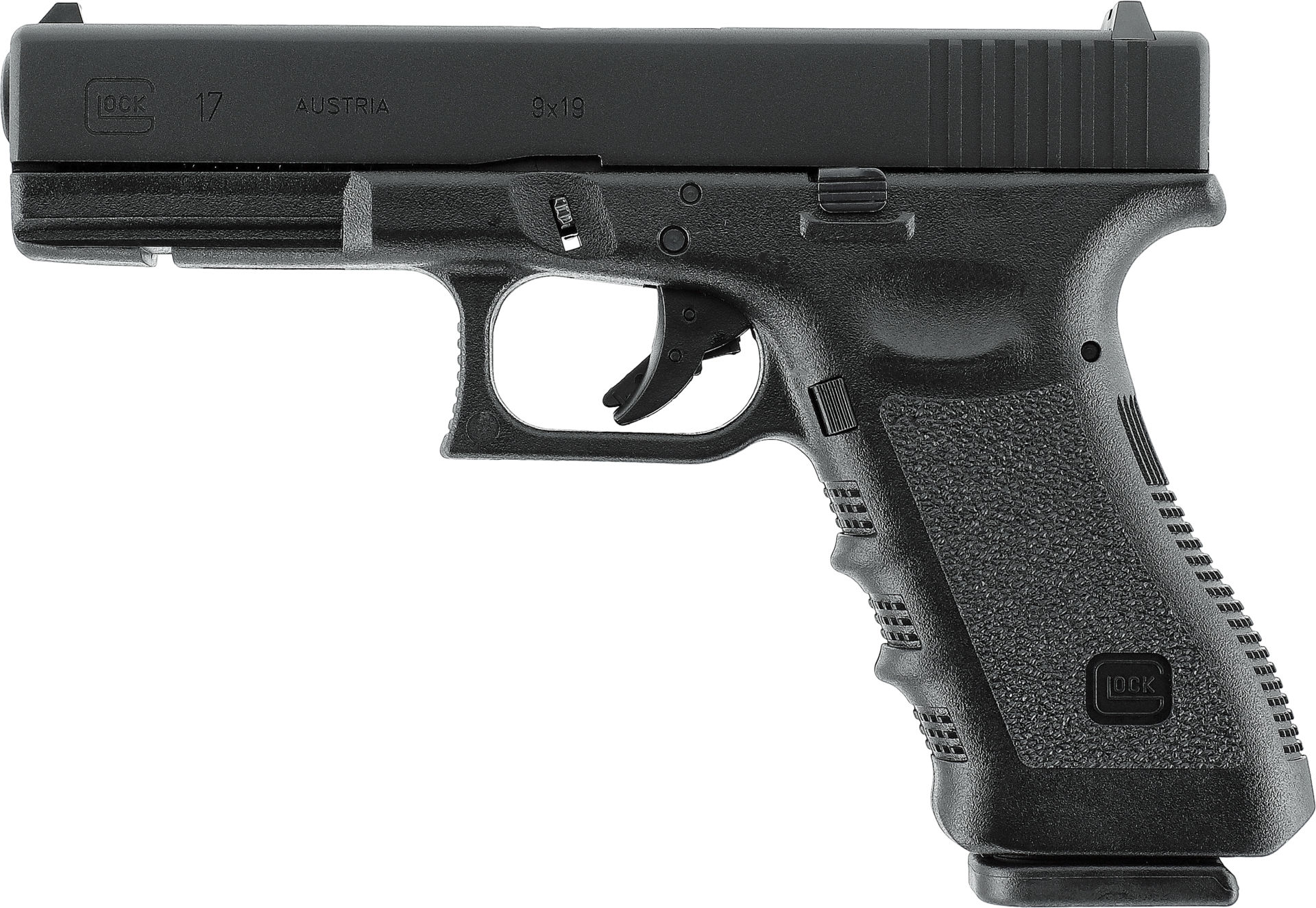 Schwarze Airsoft-Pistole, Modell inspiriert von Glock 17, seitliche Ansicht.