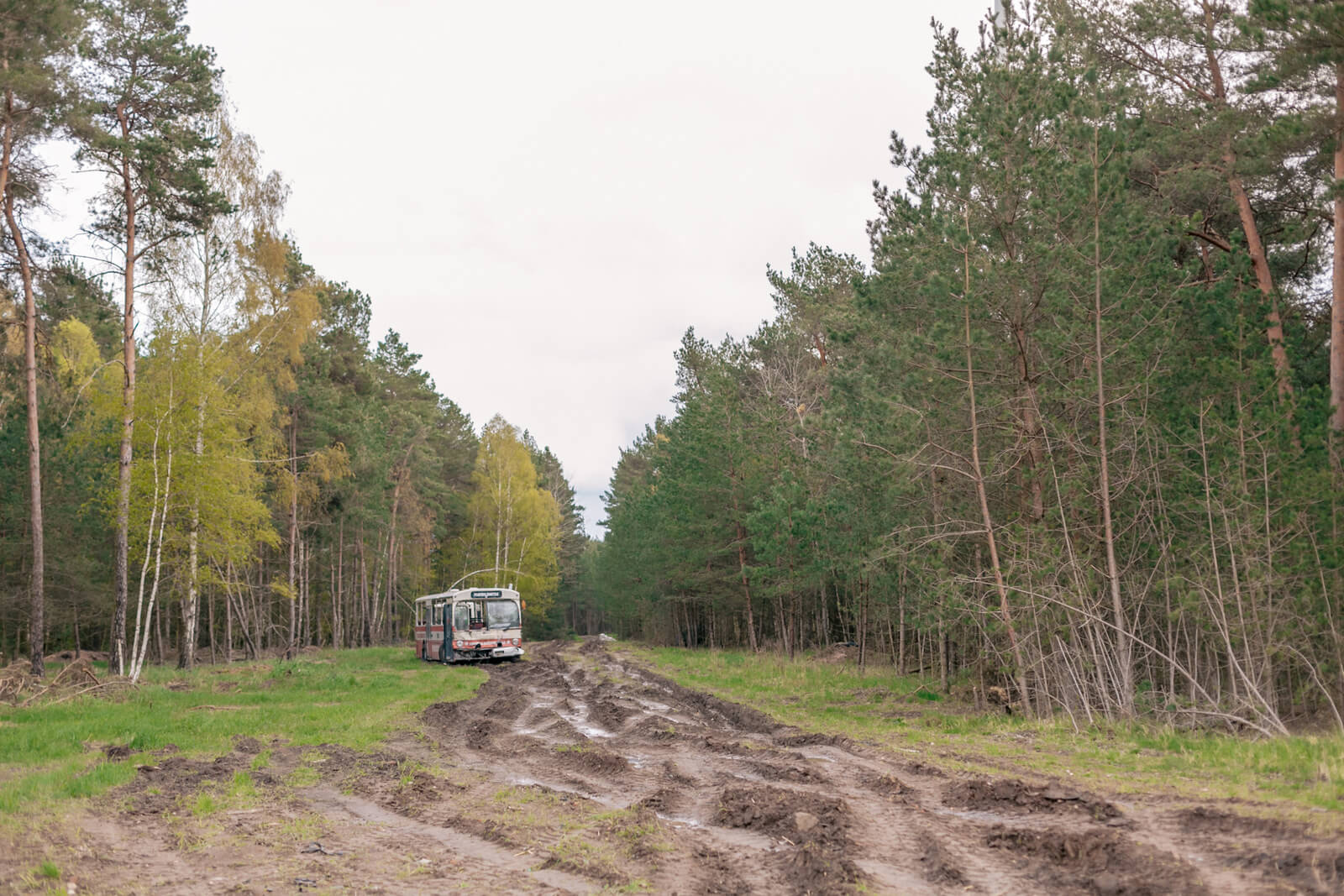 Schlammiger Waldweg mit leerem, alten Bus. Ideal für Airsoft-Missionen in natürlicher Umgebung.