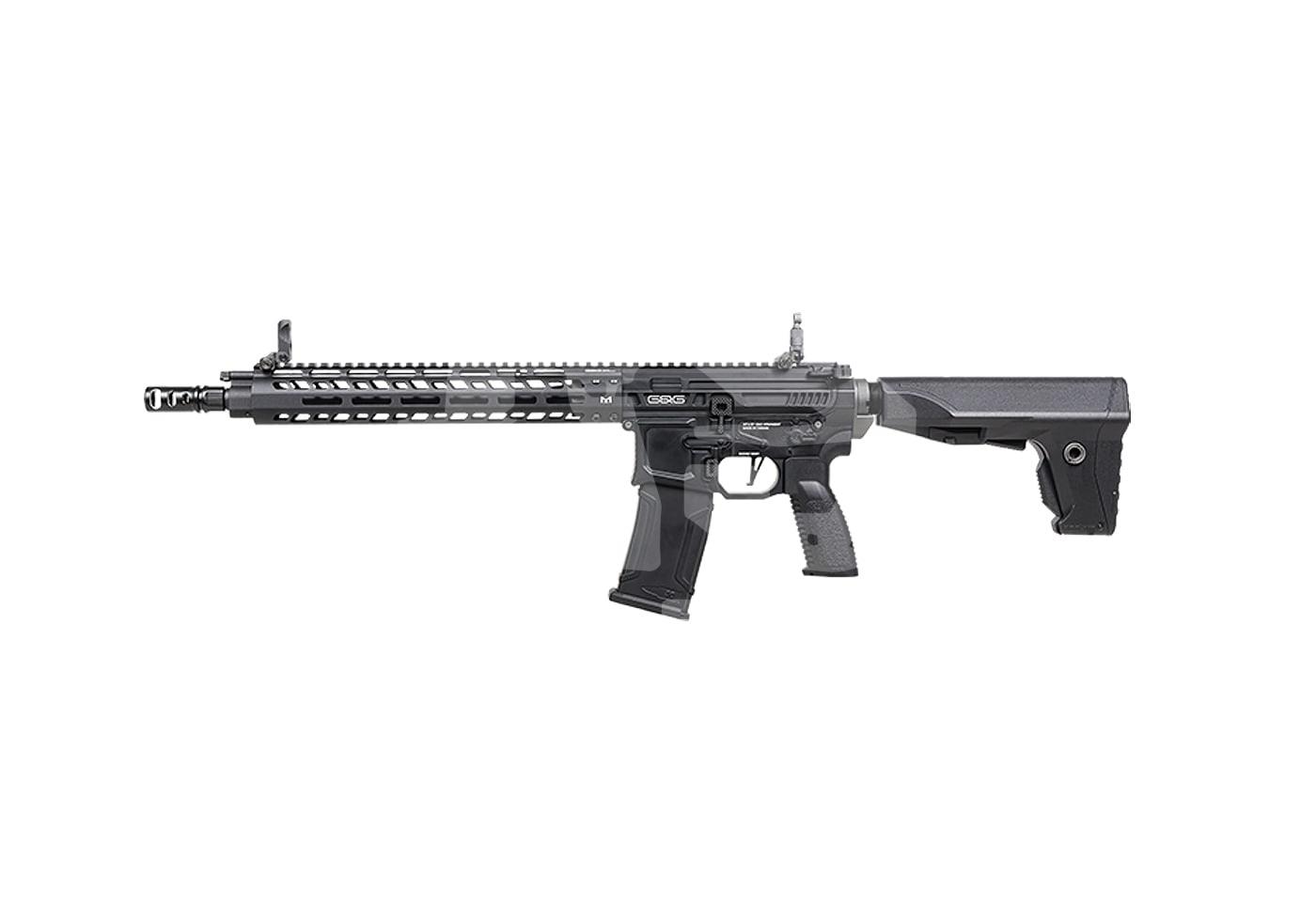 G&G MGCR 556 GBB 12" S-GBR - ab 18 Jahren Airsoft-Gewehr mit langem Lauf, taktischem Schaft und M-LOK Handschutz, schwarz-grauem Design.