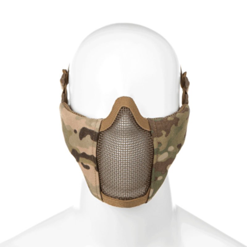 Taktische Airsoft-Maske mit Tarnmuster und Drahtgitter für Gesichtsschutz.