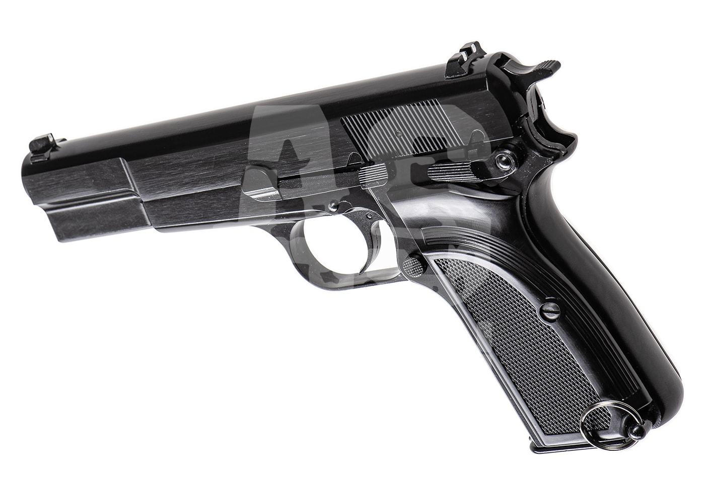 Schwarze Airsoft-Pistole in seitlicher Ansicht, realistisches Design.