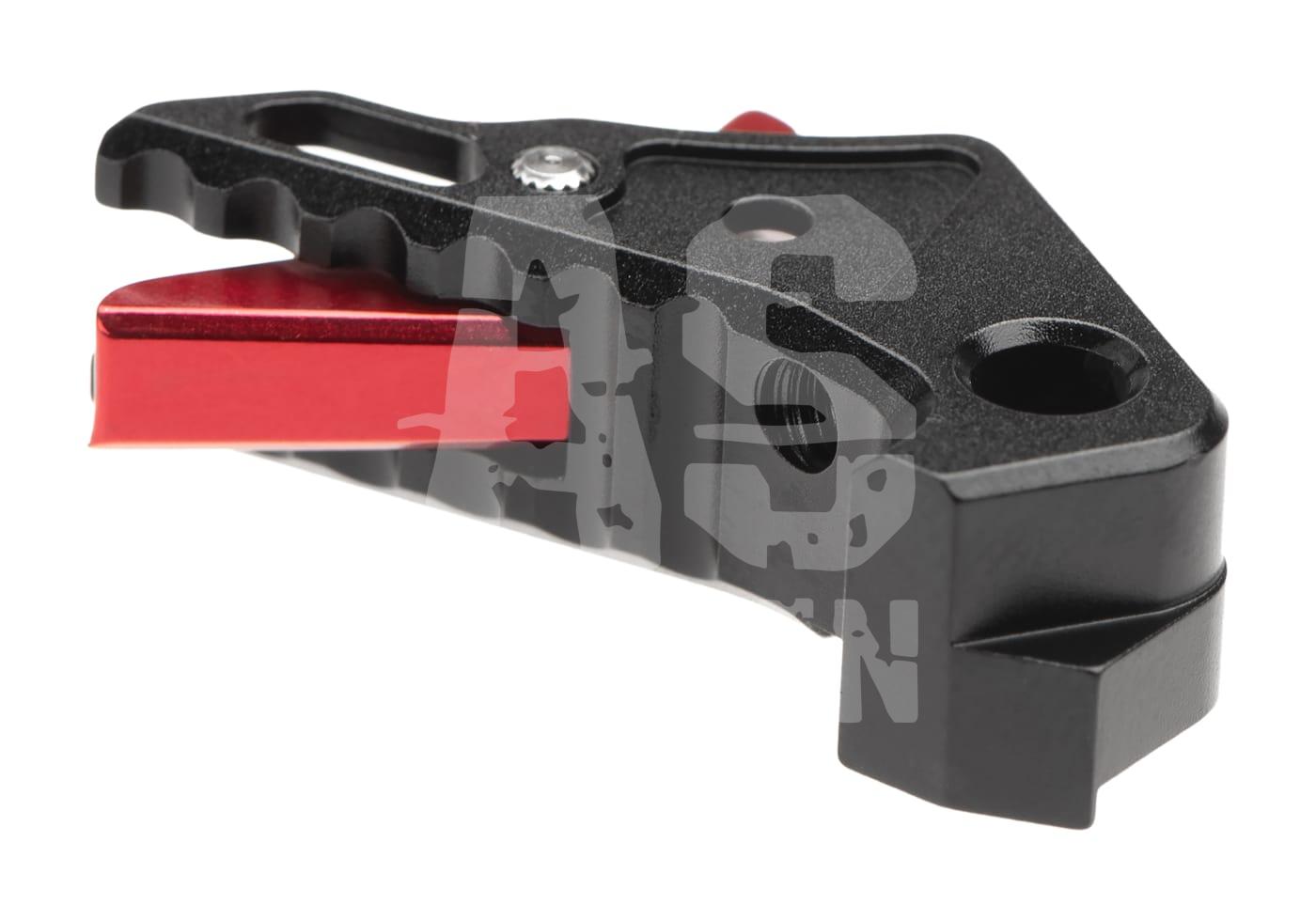 AAP01 Adjustable Trigger Schwarzer Airsoft-Abzug mit rotem Hebel und strukturierter Oberfläche.