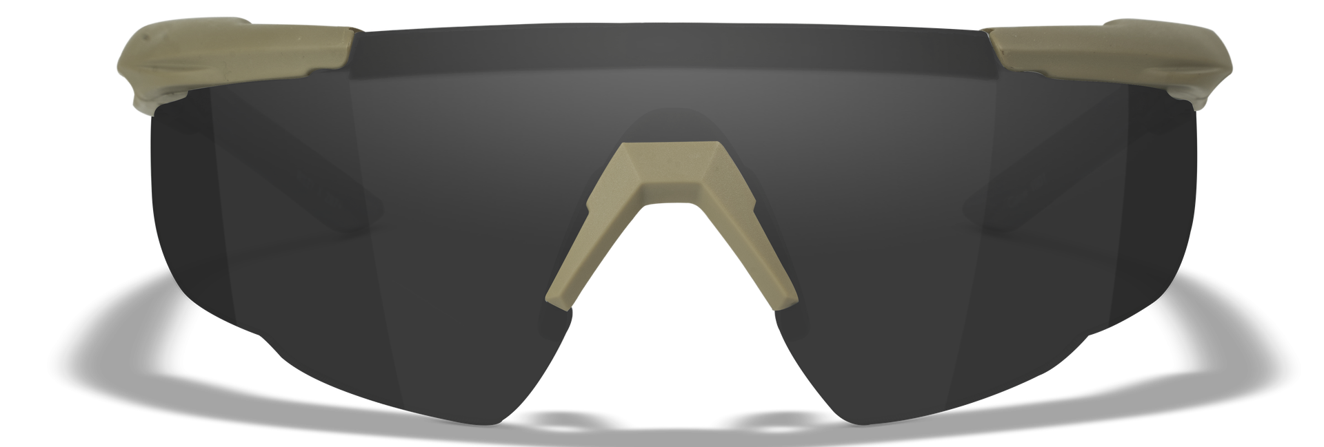 Sportliche Sonnenbrille mit dunklen Gläsern und olivgrünem Rahmen.