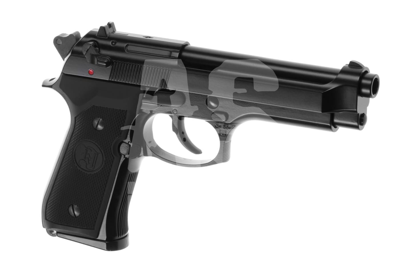 Schwarze Airsoft-Pistole aus Kunststoff, seitliche Ansicht mit sichtbarem Abzug und Sicherung.