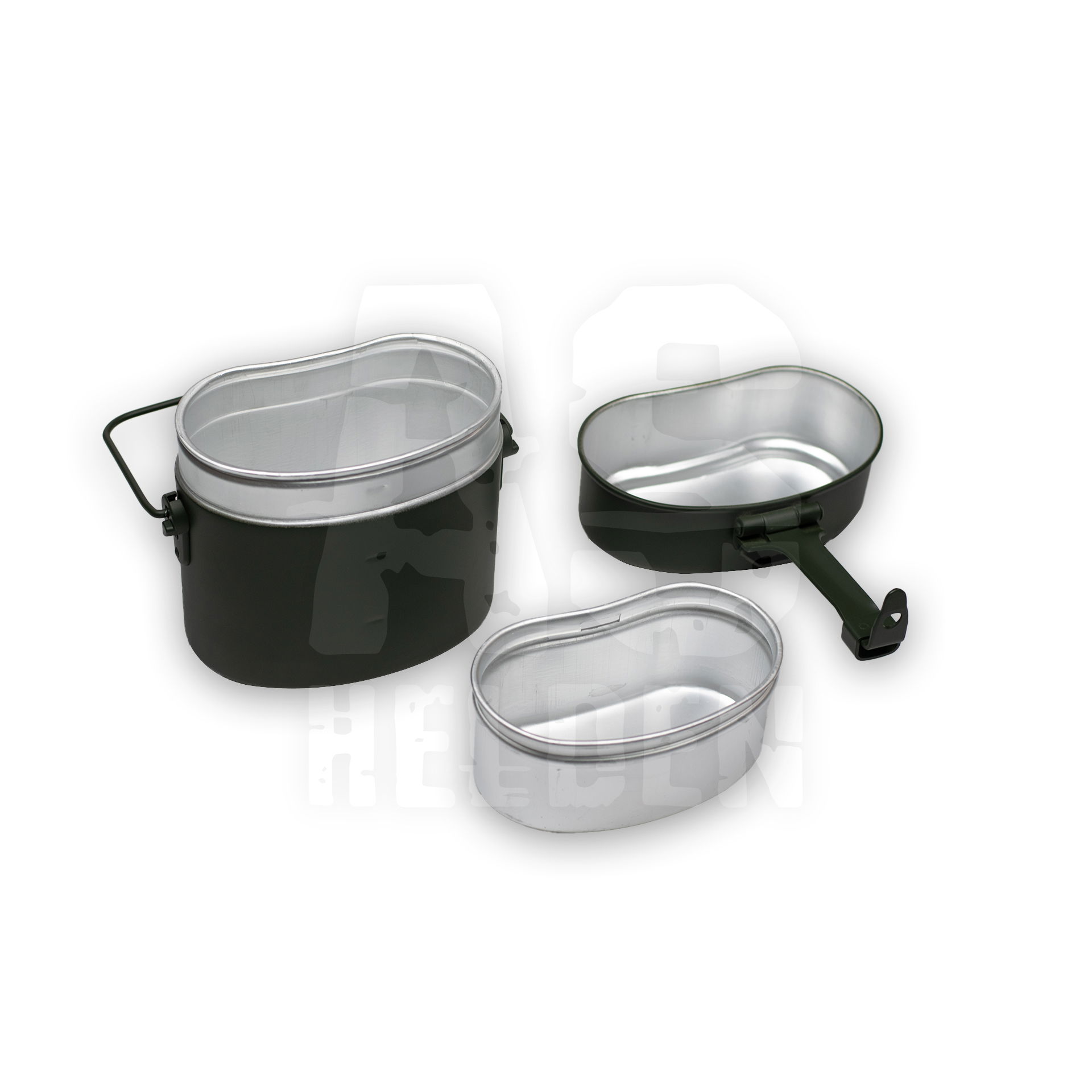 Grünes BW-Kochgeschirr-Set aus drei Teilen, ideal für Camping und Airsoft-Aktivitäten.