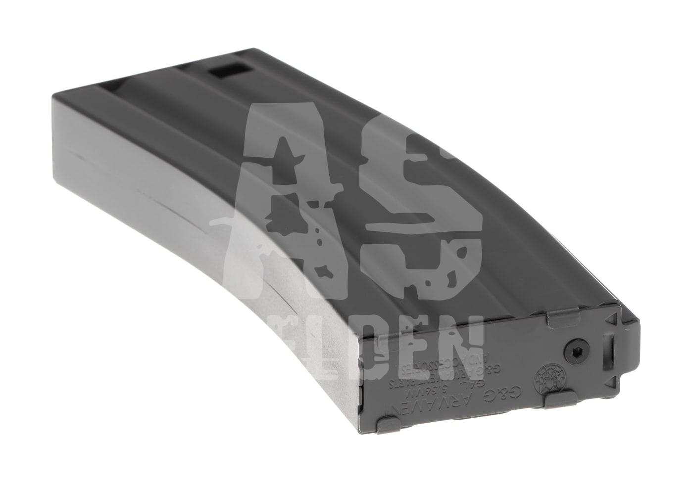 Schwarzes Airsoft-Magazin für M4/AR15-Modelle, Seitenansicht.