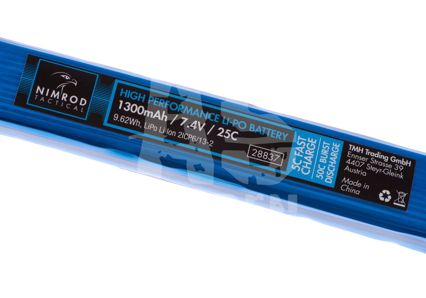 Blaue Li-Po Batterie 1300mAh 7.4V 25C von Nimrod Tactical, ideal für Airsoft-Geräte.