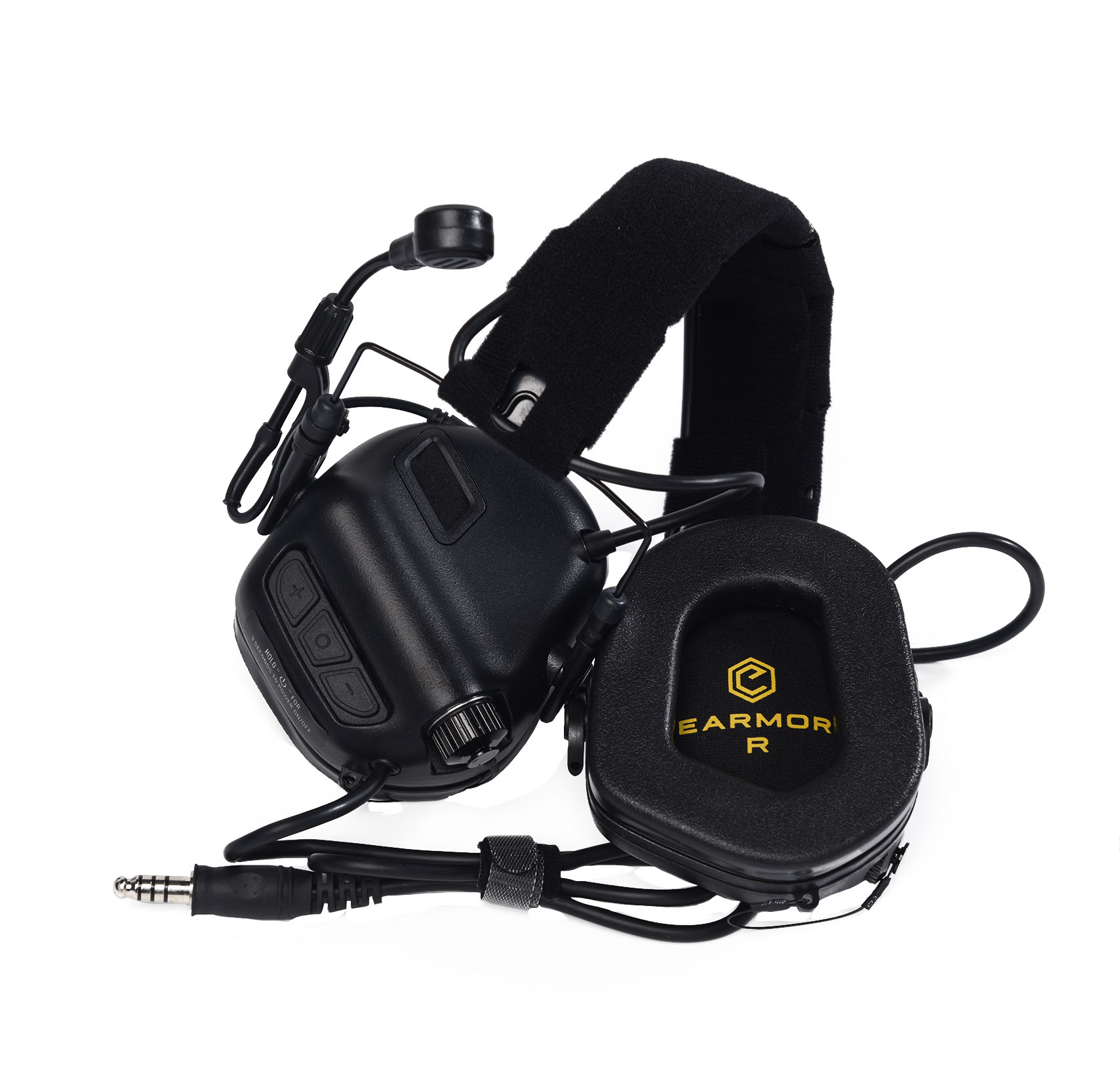 Schwarzes Earmor-Headset mit Mikrofon, Bedienelementen und Kabel für Airsoft-Kommunikation.