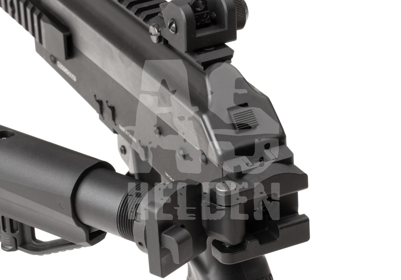 Nahaufnahme eines schwarzen Airsoftgewehr-Rail-Systems mit Klappvisier und Schulterstütze.