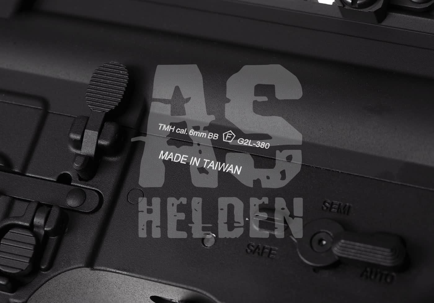 Airsoft-Markierungen auf schwarzem Gehäuse, Kaliber 6mm BB, hergestellt in Taiwan.
