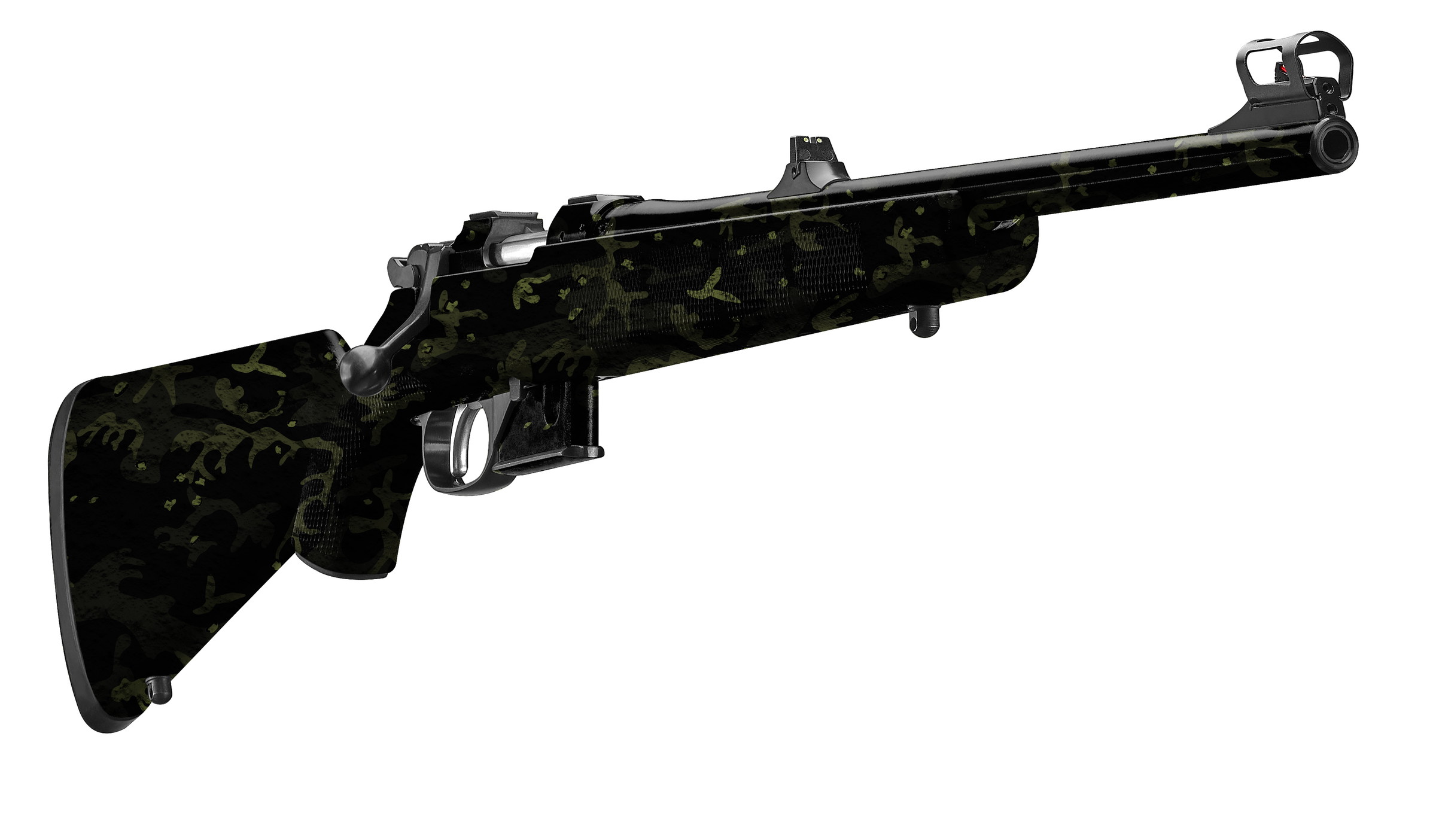 Airsoft-Gewehr mit Tarnmuster, seitliche Ansicht auf weißem Hintergrund.