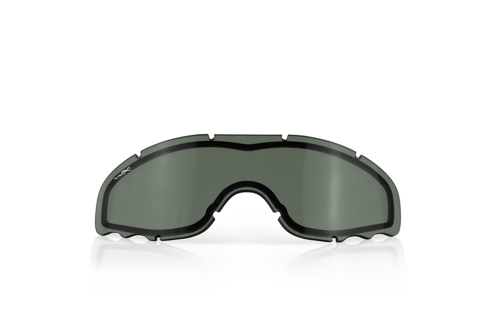Schwarze Schutzbrille mit getönten Gläsern auf weißem Hintergrund.