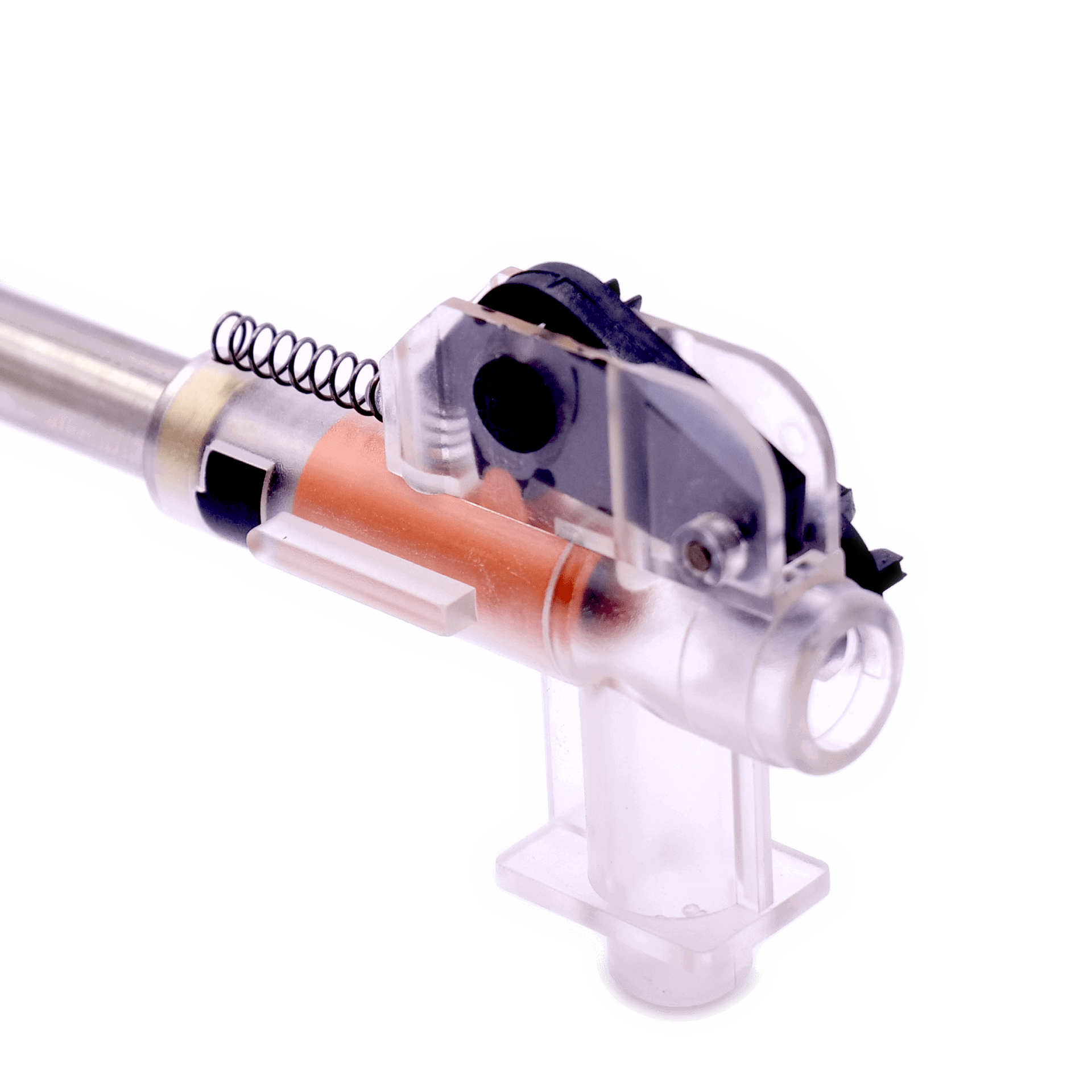 4UANTUM FRICTION PRO-HIGH PERFORMANCE AEG BUCKING Technischer Schnitt eines pneumatischen Systems mit Federmechanismus und durchsichtigen Elementen.