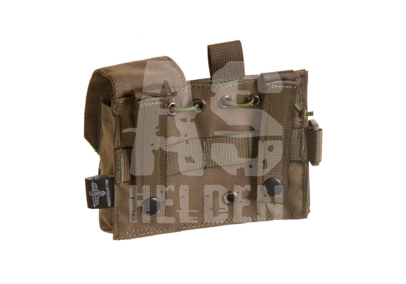 Tarnfarbene Molle-Tasche mit Schnallen und Gürtelschlaufen, ideal für Airsoft-Ausrüstung.