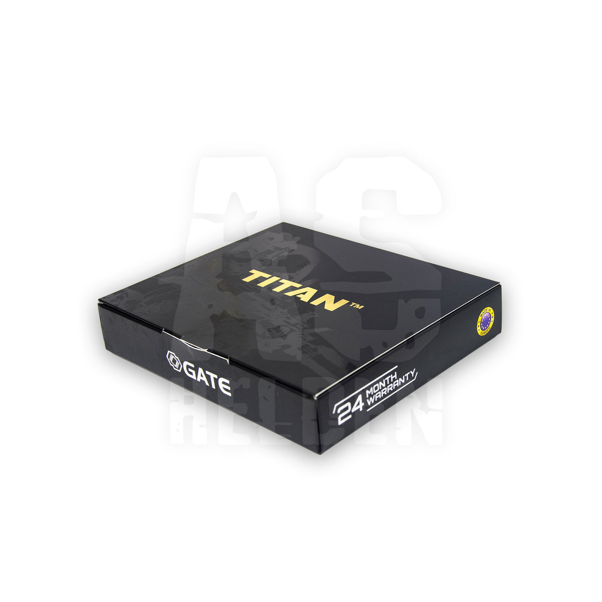 Schwarze GATE Titan Verpackung für Airsoft, 24 Monate Garantie-Hinweis aufgedruckt.