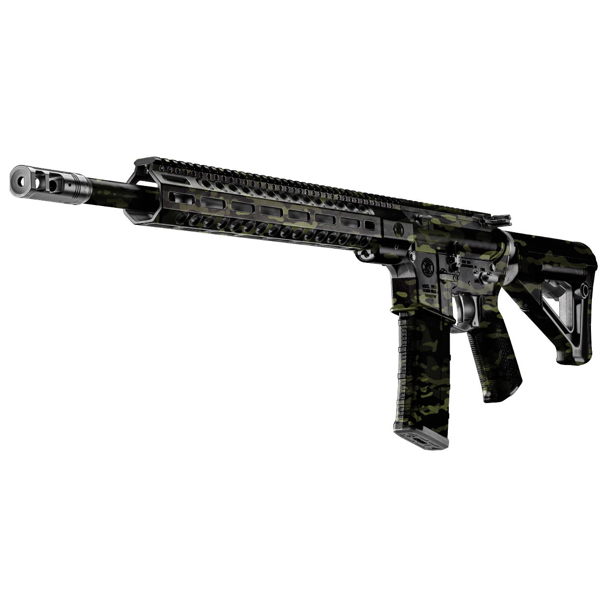 Airsoftgewehr mit Tarndesign, taktische Schiene und verstellbarer Schulterstütze.