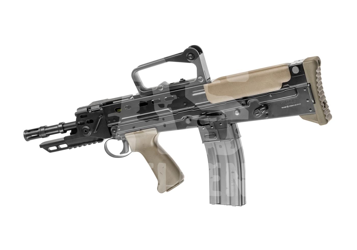 Airsoft-Sturmgewehr mit klappbarer Schulterstütze, Tragegriff und zweifarbigem Design in Beige und Schwarz.