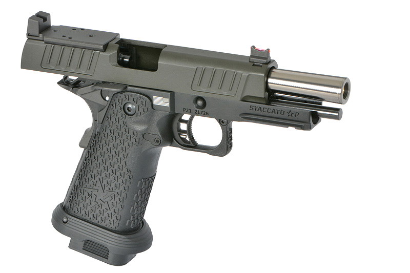Airsoft-Pistole mit taktischem Design, strukturiertem Griff und offenem Verschluss.