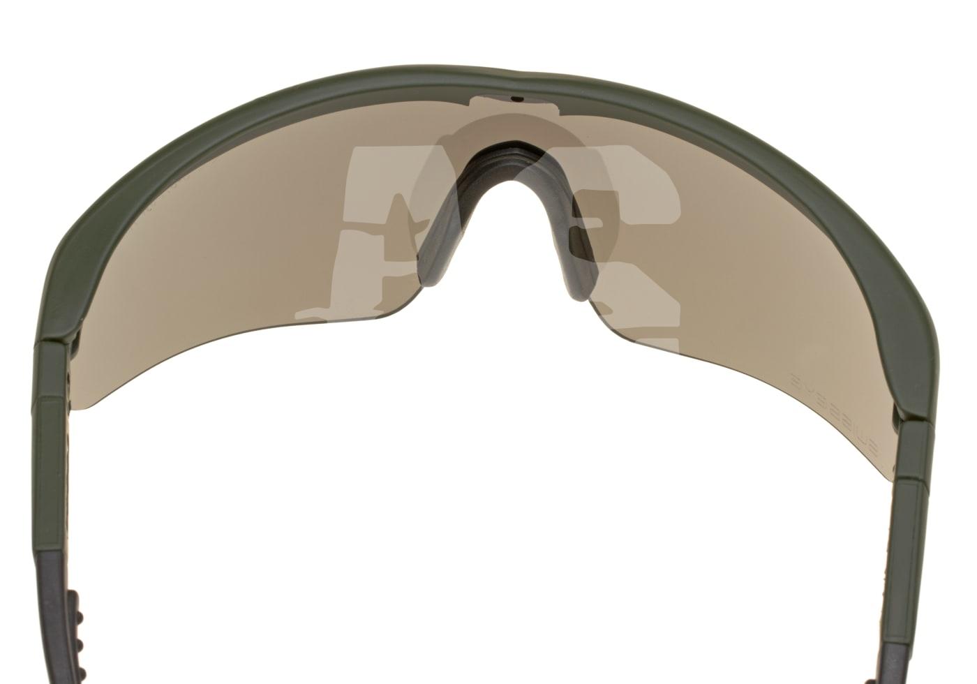 Schutzbrille mit getönten Gläsern und olivgrünem Rahmen für Airsoft.