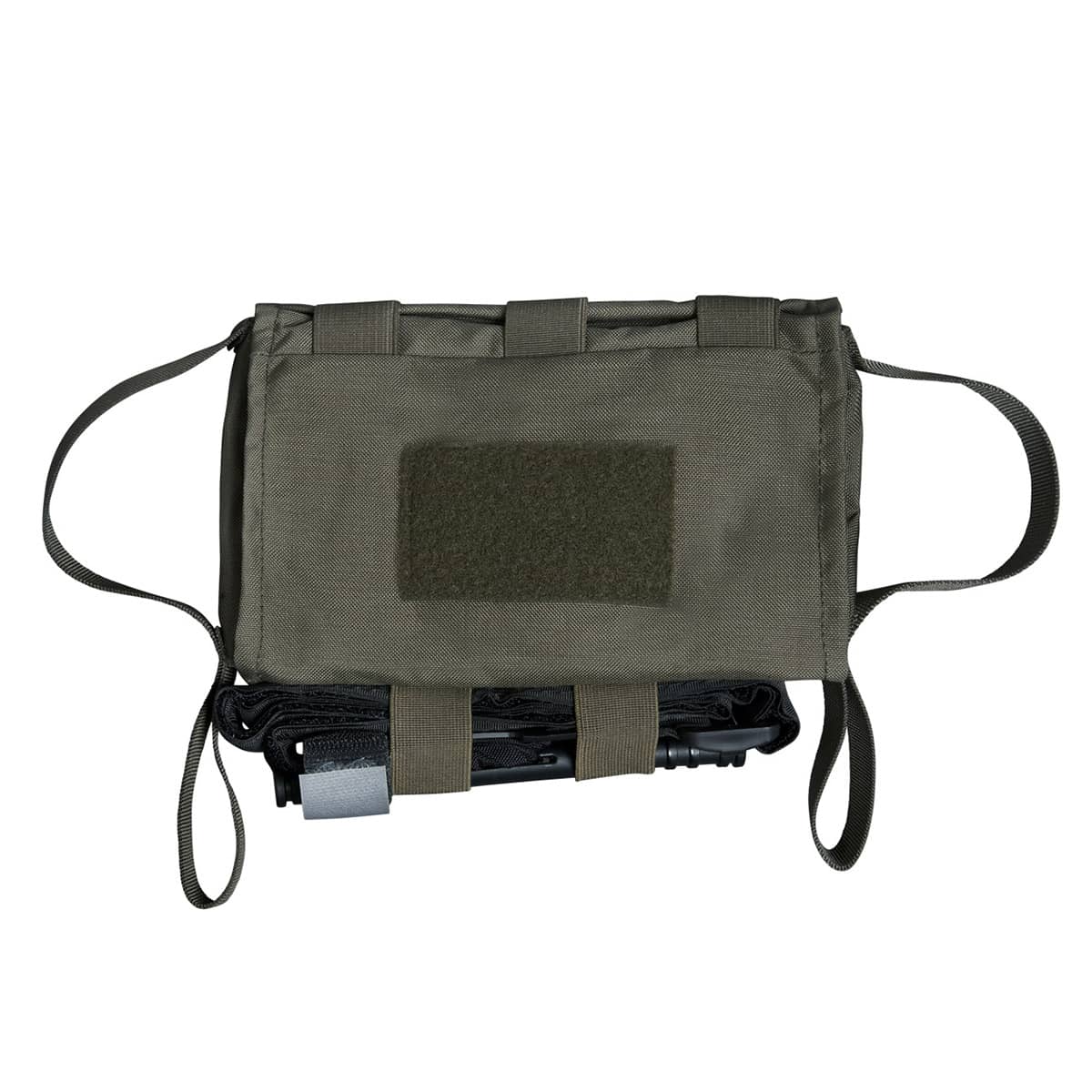 Olivegrüne taktische Tasche mit Klettfläche und Bändern, ideal für Airsoft-Zubehör.