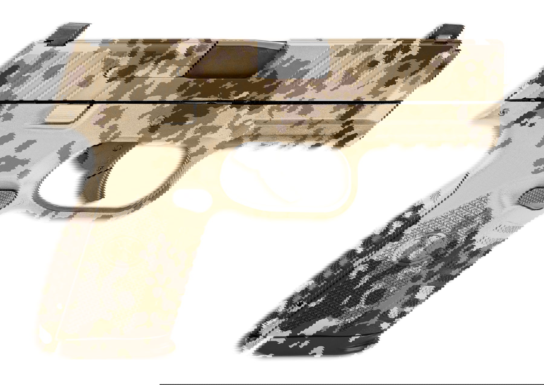 Airsoft-Pistole mit desert-camouflage Muster, schwarze Abzüge. Ideal für taktisches Spiel.