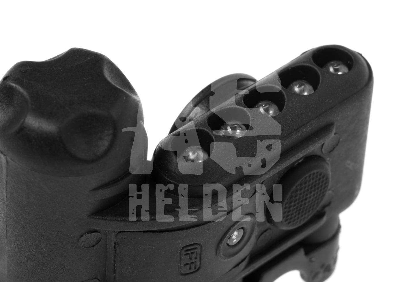 Airsoft-Taschenlampe in Schwarz mit mehreren LED-Leuchten, Nahaufnahme.