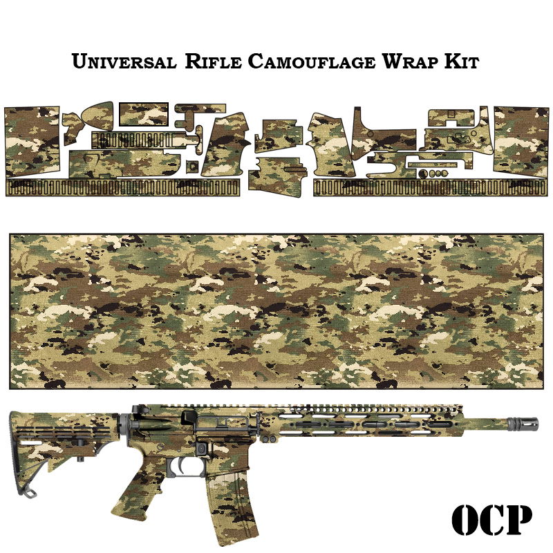 Tarnfoliensatz für Gewehr, OCP-Muster, Teile oben, vollständige Abdeckung unten, Gewehransicht darunter.