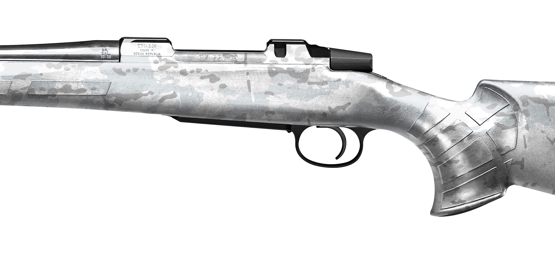 Airsoft-Gewehrschaft in urbanem Tarnmuster, Detailansicht von Abzug bis hinters Ende.