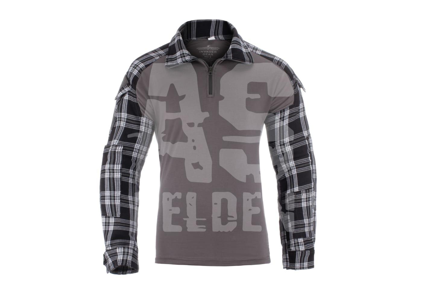 Flannel Combat Shirt Airsoft Langarm-Taktikshirt mit grau-schwarzem Karomuster und auffälligem Grafikdesign auf der Vorderseite.