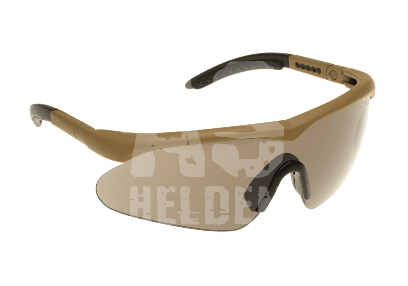 Schutzbrille mit braunem Rahmen und getönten Gläsern, ideal für Airsoft und Outdoor-Aktivitäten.