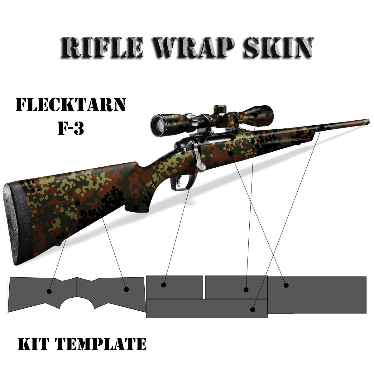 Gewehr mit Flecktarnmuster-Skin, zeigt angepasste Teile zur Befestigung.