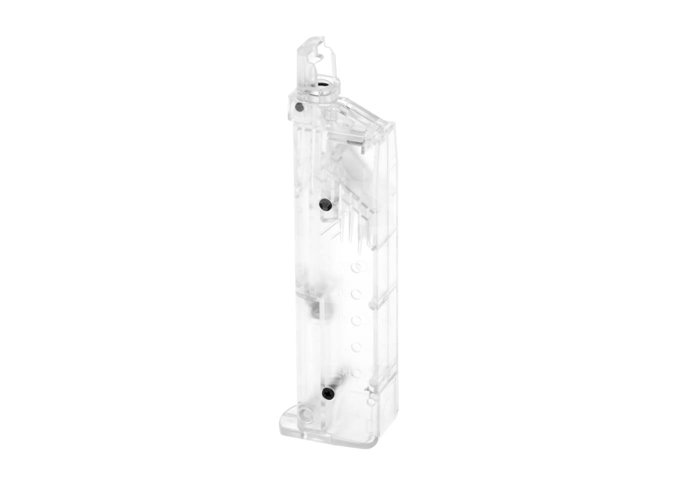 Transparenter Airsoft-Speedloader für schnelles Nachladen von BBs.
